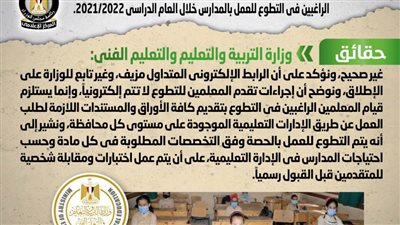 الحكومة: تقديم رغبات المعلمين الراغبين فى التطوع للعمل بالمدارس ورقيا