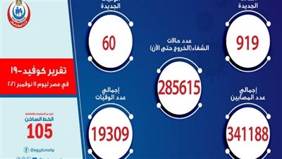 الصحة: تسجيل 919 حالة إيجابية جديدة بفيروس كورونا.. و60 وفاة