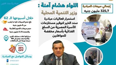 وزير التنمية المحلية: 325,7 مليون جنيه حجم مبيعات المبادرة منذ انطلاقها و٦ مليون جنيه مبيعاتها في الأسبوع الـ 62