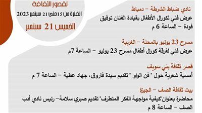 أسبوع حافل لقصور الثقافة.. افتتاح قصر ثقافة أبو المطامير بالبحيرة وانطلاق ملتقى 